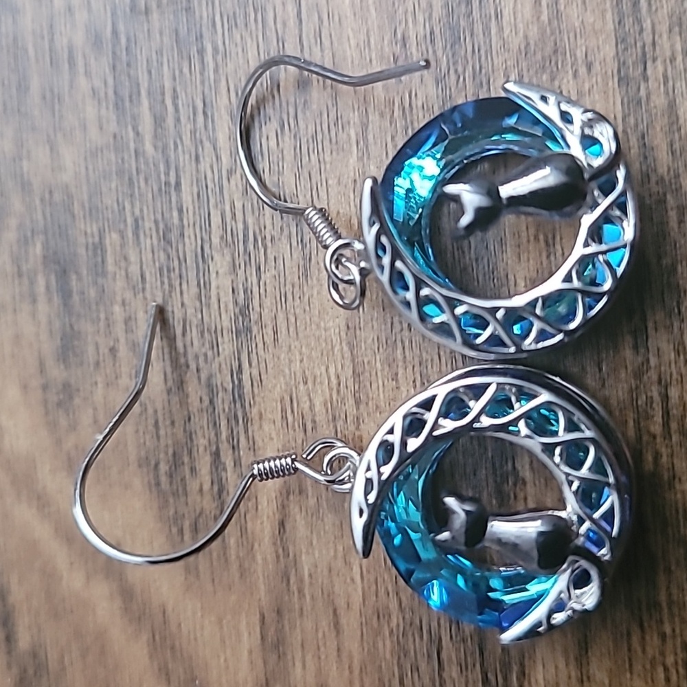 Silver and Blue Cat Moon Earrings
